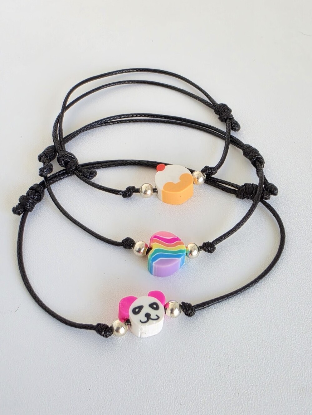 Set of 3 Handmade Adjustable Kawaii Cord Bracelets Panda Rainbow Cupcake